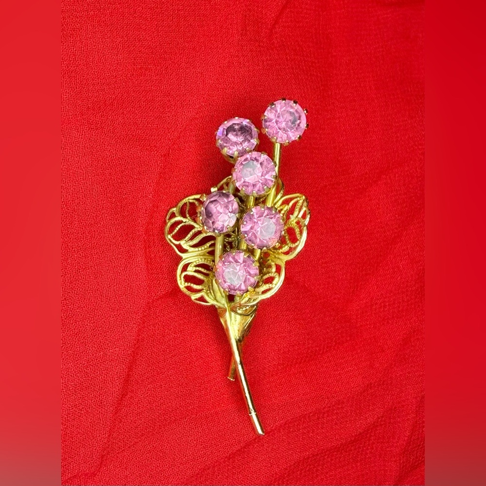 Vintage Glass Rhinestone Floral Bouquet Rhinestones Brooch Pin Gold Tone